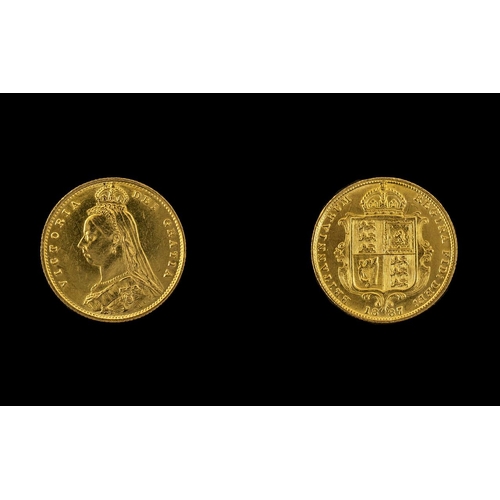 180 - Queen Victoria 22ct Gold Jubilee Head/Shield Back Half Sovereign.  Date 1887, London mint.  High Gra... 