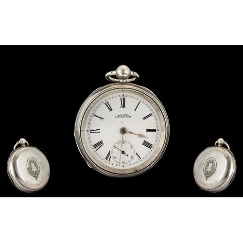 182 - American Watch Company Waltham Silver Open Faced Key Wind Pocket Watch.  Lever Escapement, white por... 
