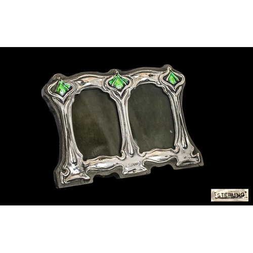 188 - Art Nouveau Style Small Silver Twin Photo Frame of sinuous tulip design, marked sterling.  3'' x 4.2... 