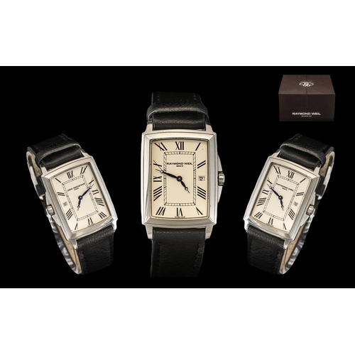 200 - A Raymond Weil Rectangular Wristwatch, cream dial, Roman Numerals with date aperture. Numbered 5396 ... 
