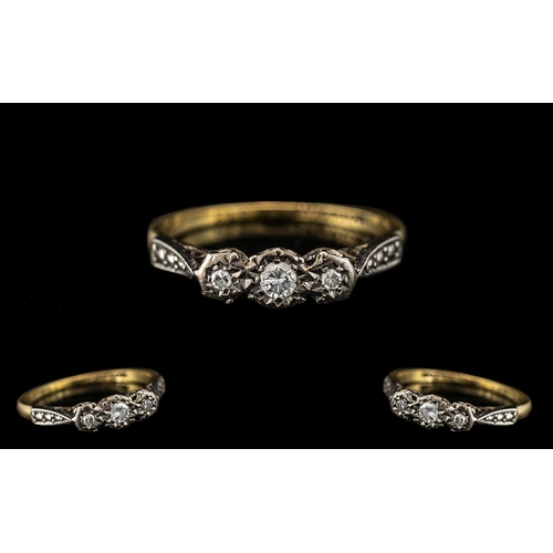 205 - 18ct Gold and Platinum 3 Stone Diamond Set Engagement Ring - Illusion Set. Marked 18ct Gold - Platin... 