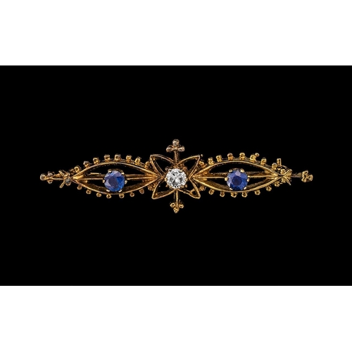 209 - Ladies - Attractive 9ct Gold Sapphire and Diamond Set Brooch, Ornate Design and Setting. Full Hallma... 