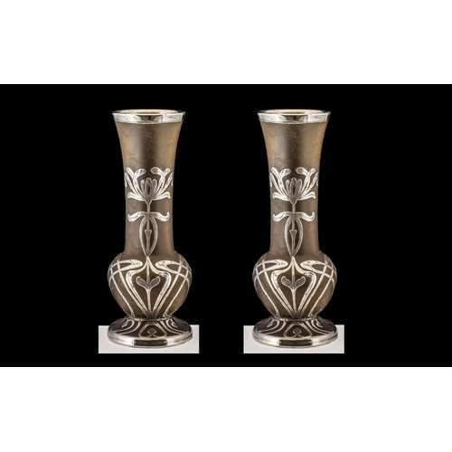 296 - Pair of Antique Loetz Type Iridescent Glass Art Nouveau Vases with overlaid silver openwork decorati... 