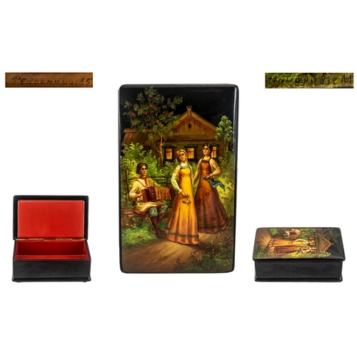 300 - Russian Nice Quality Hand Painted Signed and Titled Papier Mache Lacquered Hinged Lidded Box, of rec... 