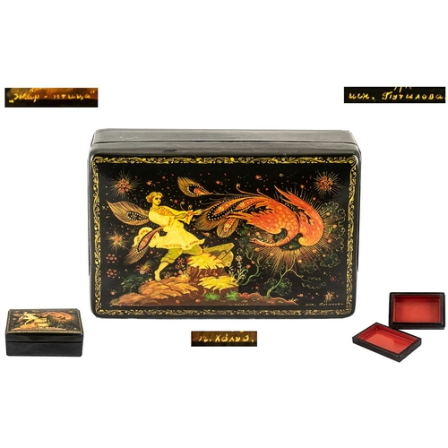 303 - Russian Superb Quality Hand Painted and Signed Papier Mache Lacquered Lidded Box depicting a scene f... 