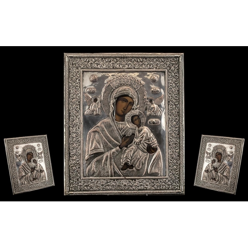 317 - Russian Greek Silvered Metal Icon, Depicting Mother and Child with Angels, Painted Faces and Hands. ... 