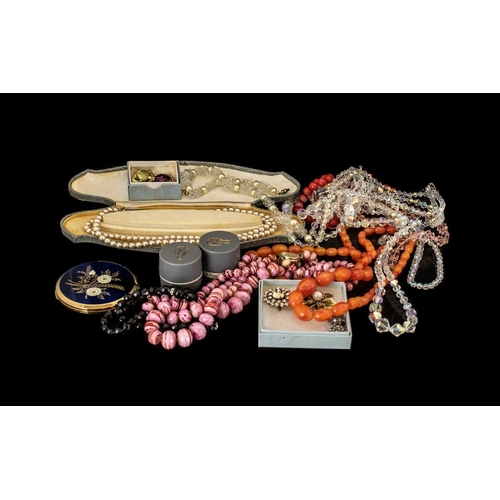 331 - Collection Of Costume Jewellery To Include, Brooches, Lotus Pearls, Compact, Two pairs Of Yellow Met... 