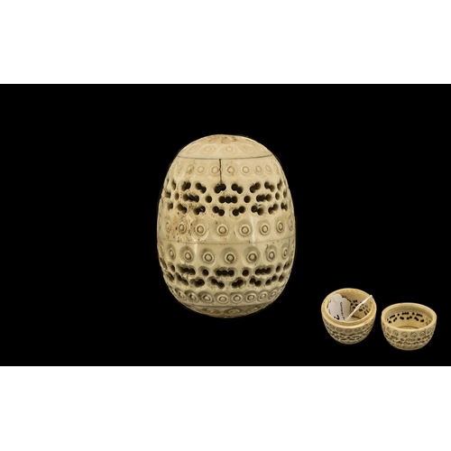 370 - Antique French Carved Bone Screw Lidded Fret-Work Egg Container; c1870s/80s; 2.5 inches (6.25cms) hi... 