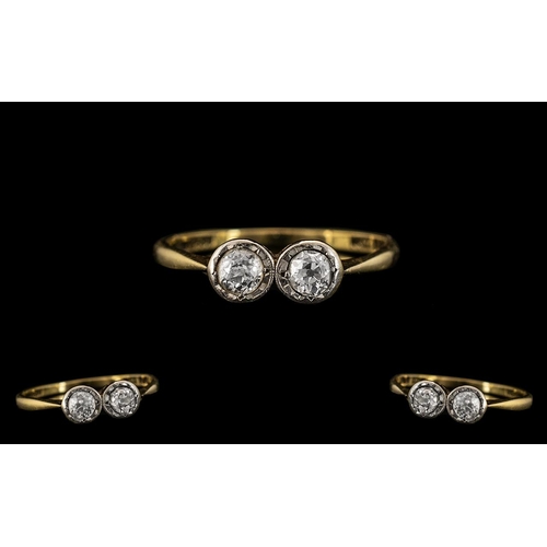 50A - Antique Period 18ct Gold and Platinum Two Stone Diamond Set Ring. The Cushion Cut Diamonds of Good C... 