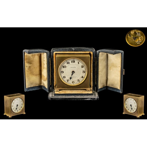 55 - Zenith Watch Company Excellent Quality Gilt Metal Square Shaped Small Travel Clock in fitted leather... 