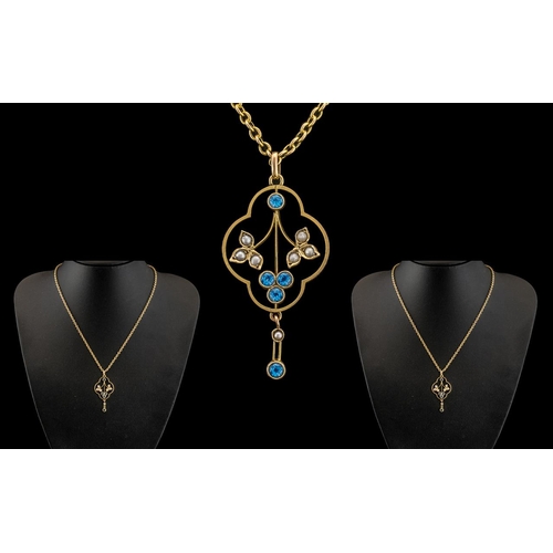60A - Antique Period - Attractive and Exquisite 9ct Gold Aquamarine and Seed Pearl Set Ornate Pendant Drop... 
