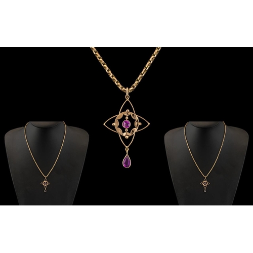 61A - Antique Period - Attractive 9ct Gold Amethyst Set - Ornate Pendant Drop with Attached 9ct Gold Belch... 