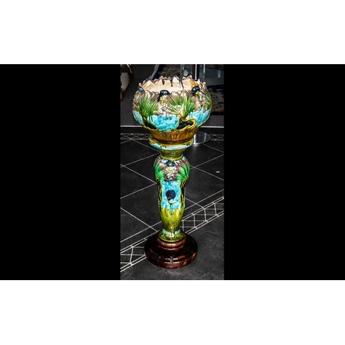 662 - Majolica Plant Pot and Stand In The Victorian Style with Moulded Floral Decoration. Total Height 38 ... 
