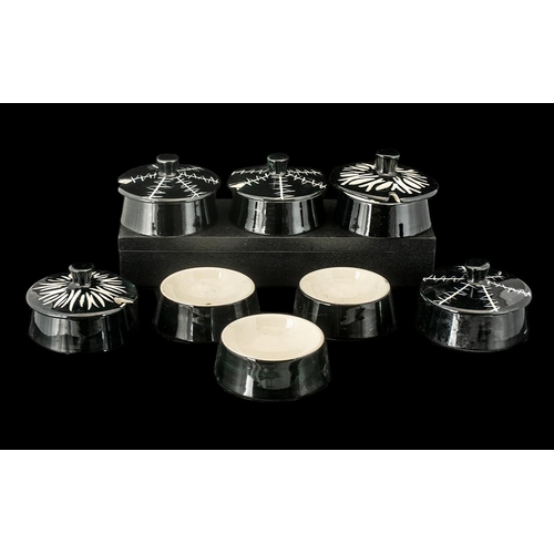 663 - Collection of Midwinter Jessie Tait relish dishes, circa 1950s, black lines pattern.  Eight in total... 