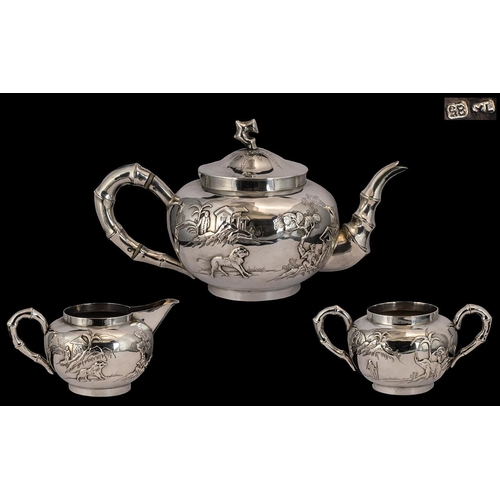 77 - Chinese Export Superb Quality & Impressive Signed 3 Piece Silver Tea Service.  Wonderful design, the... 