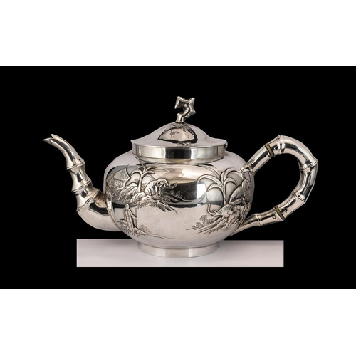 77 - Chinese Export Superb Quality & Impressive Signed 3 Piece Silver Tea Service.  Wonderful design, the... 