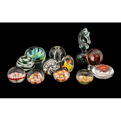 793 - Collection of Glass Paperweights, assorted designs and colours, including a seahorse on a blue and g... 