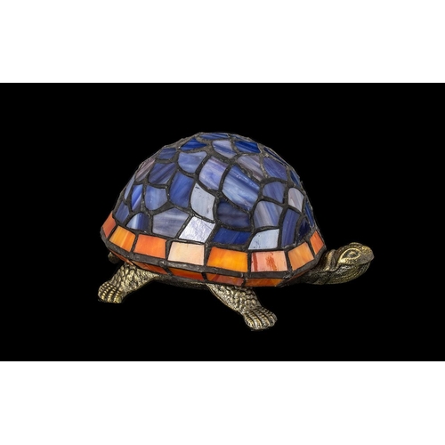794 - Tiffany Style Table Lamp in the Form of a Tortoise.  Shade in blue and coral coloured glass.  Measur... 