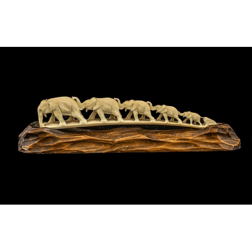 805 - Japanese Meiji Period Carved Ivory Elephant Family, crossing an arched bridge ; fitted on a wooden s... 
