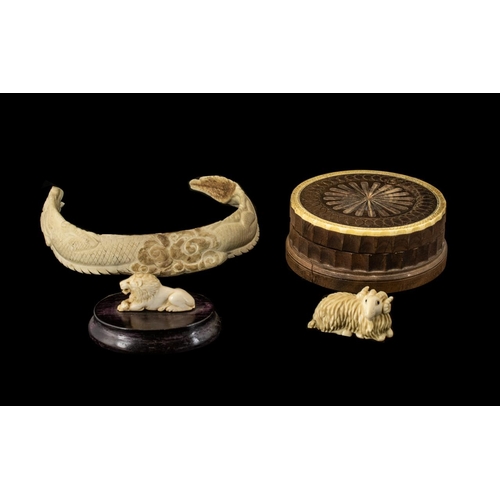 809 - Antique Chinese Carved Boar's Tusk Necklace in the shape of a coiling dragon, a carved ivory netsuke... 