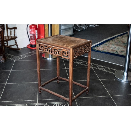 814 - Chinese Antique Hardwood Side Table with a burr root top, intricate carved interlacing frieze design... 