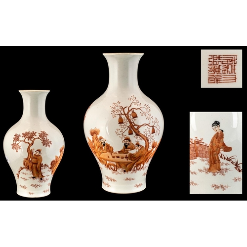 823 - Chinese Finely Decorated Republic Period Vase of Boulbous Shape with a Long Neck, Depicting Four Sch... 