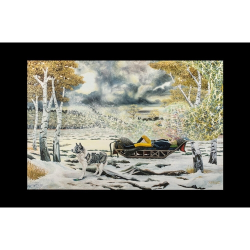 936 - A Large Arctic Scene by Keith Harper, modern British oil on canvas, depicting a man reclining on a s... 
