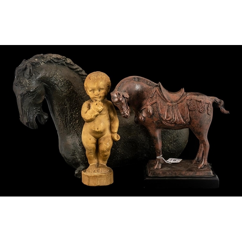 825 - Two Pottery Glazed Horses after the Chinese Antiques one standing on base and measuring 10 inches in... 