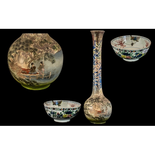 829 - Tall Japanese Pottery Meiji Period Vase decorated to the body with elegant ladies sitting in a boat.... 