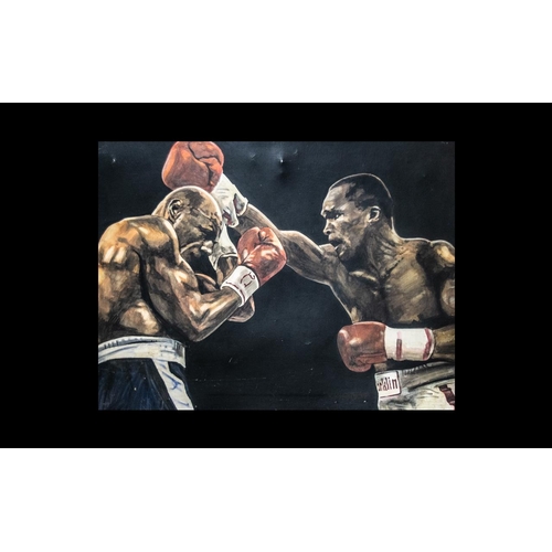 946 - Large Oil on Board Painting of Two Middleweight Champion Boxers, Sugar Ray Leonard & Marvin Hagler, ... 