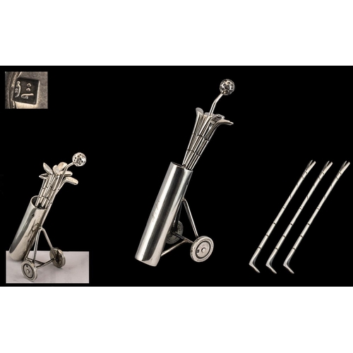 105 - Golfing Interest. Superb Novelty Solid Silver Set of Six Cocktail Pickle / Olive Sticks In The Form ... 