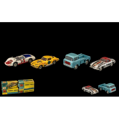 1474 - Four Corgi Cars, comprising No. 330 Porsche Carrera, 3045 Mercedes-Benz 300SL, 409 forward control J... 