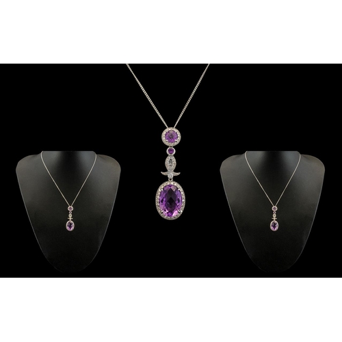 25 - 18ct White Gold Superb Quality Diamond and Amethyst Set Combined Necklace - Pendant Drop of pleasing... 