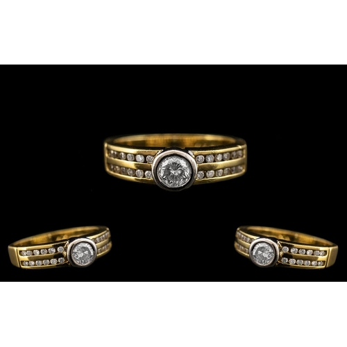 32 - 18ct Two Tone Gold Attractive Diamond Set Dress Ring of Contemporary Design. Full Hallmark for 750 -... 