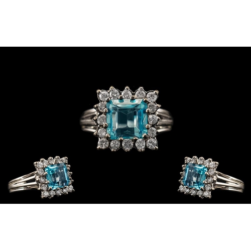 4 - 18ct White Gold Attractive Diamond and Aquamarine Set Dress Ring of Square Form. Marked 18ct. The Ce... 