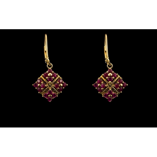 62 - Ladies 9ct Gold Attractive Ruby Set Pair of Earrings of Square Shape / Form. The Rubies of Good Colo... 