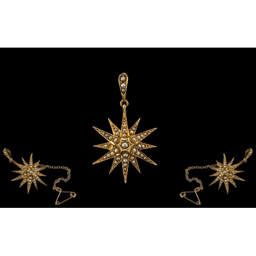 79 - Antique Period Superb 15ct Gold Starburst Designed Brooch - Pendant, Set with Seed Pearls with Attac... 