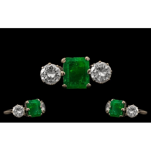 9 - Platinum - 1930's Stunning 3 Stone Emerald and Diamond Set Dress Ring. The Central Step Cut Emerald ... 