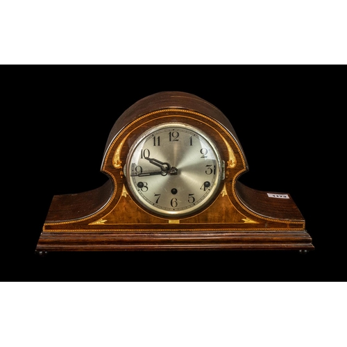 1173 - Edwardian Inlaid Napoleon Hat Shaped Mantle Clock with shell inlay in the Art Nouveau style, with a ... 