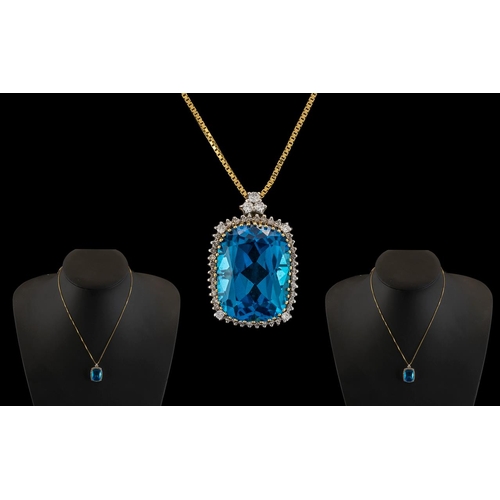 21 - 18ct Yellow Gold - Attractive Blue Topaz and Diamond Set Pendant Drop, Attached to 18ct Gold Box Cha... 