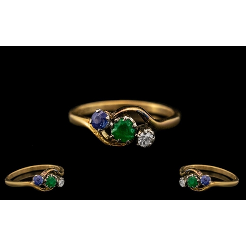 98 - 18ct Gold - Attractive Trio of Diamond, Emerald and Sapphire Set Dress Ring. Marked 18ct to Interior... 