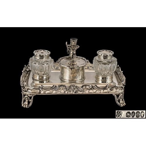 102 - Early Victorian Period Elegant & Wonderful Quality Sterling Silver Combined Double Inkwell & Stand w... 