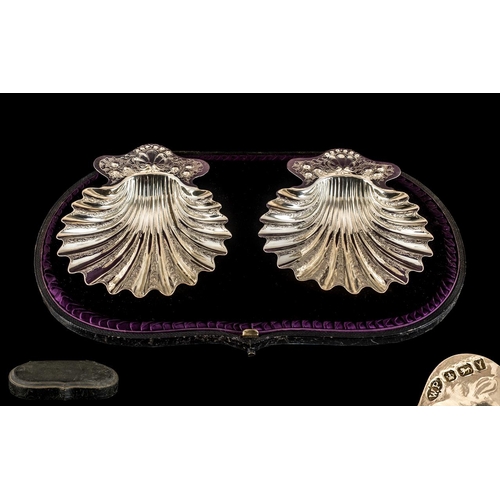 107 - Victorian Period Superb Quality Boxed Pair of Sterling Silver Sweetmeat Dishes. Each Raised on 3 Bal... 