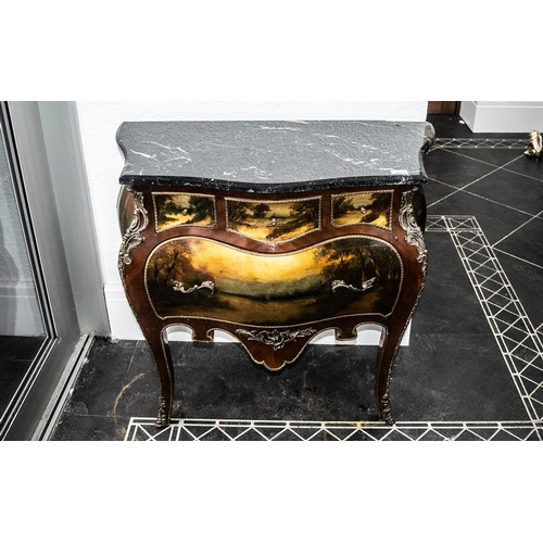 1077 - French Style Bombe Fronted Commode Chest with vernis martin painted panels.  Black shaped marble top... 