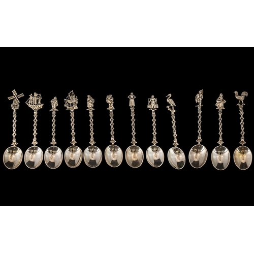 118 - Dutch - Netherlands Superb Silver 12 Piece Matching Set of Figural Topped Tea Spoons - Various Subje... 