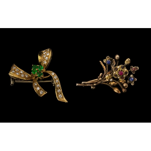 142 - Antique Period - Excellent Quality 18ct Gold Ribbon Brooch Set with Emeralds and Diamonds of Small P... 