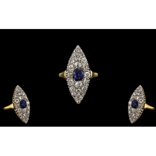 49 - Antique Period 18ct Gold and Platinum Superb Quality - Diamond and Sapphire Set Dress Ring of Marqui... 