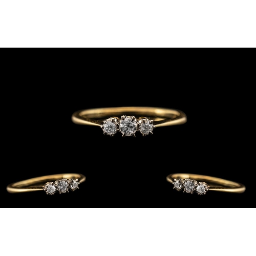 74 - 18ct Gold - Attractive 3 Stone Diamond Set Ring - Gallery Setting. The Old Cut Round Diamonds of Exc... 