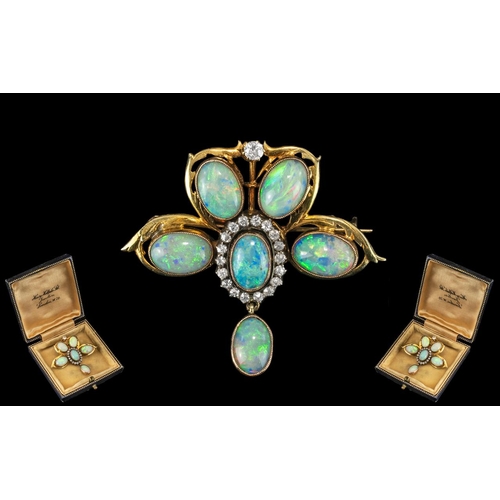 88 - An Antique Period 18ct Gold Opal and Diamond Set Pendant - Drop Brooch of Lovely Design. The Five Na... 