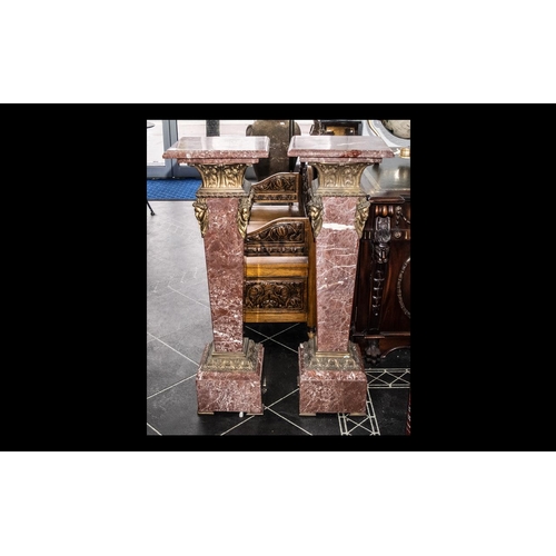 1074 - Pair of Reproduction French Style Rouge Marble Pedestals, ormalu mounted of square form. Height 43, ... 